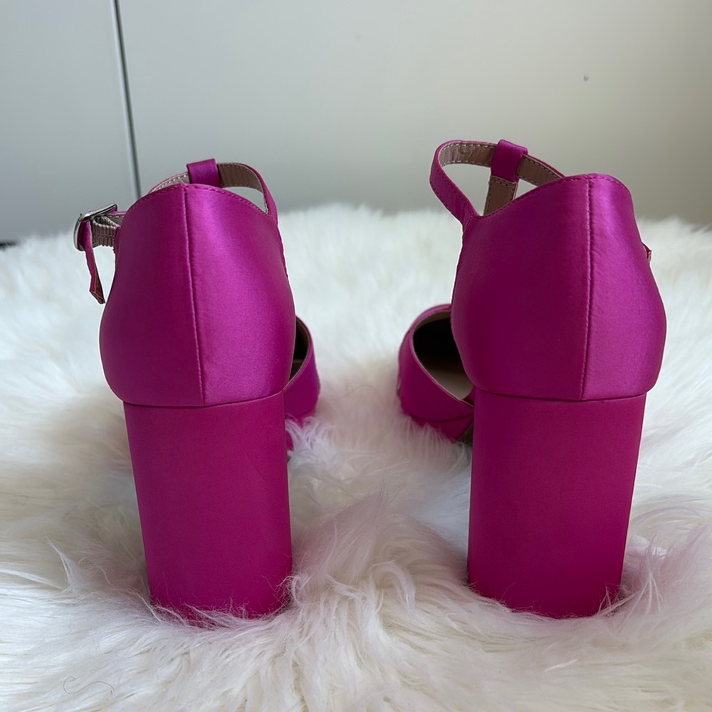Pop Pink T-Strap Heels with Block Heel - Picture 3 of 9